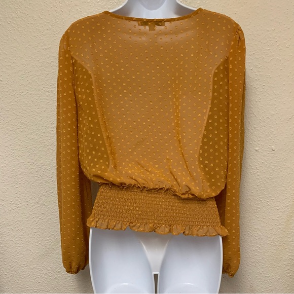 Haute Monde Women’s Mustard V-Neck Balloon Sleeve Smocked Blouse Top Sz L Boho - Picture 2 of 9